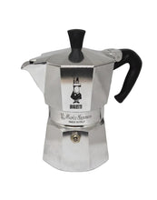 Silver Bialetti Moka Express coffee maker on a white background